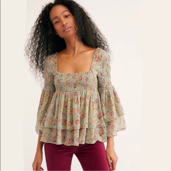 Free People Tops - Free People Golden Age Floral Chiffon
Smocked Square Neck Bell Sleeve Blouse NWT